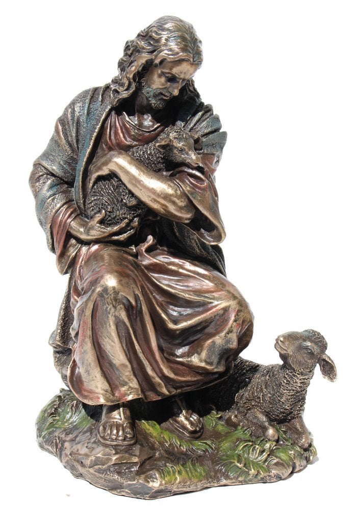 US 8.88 Inch Jesus Holding A Baby Lamb Cold Cast Bronze Figurine - Image 4